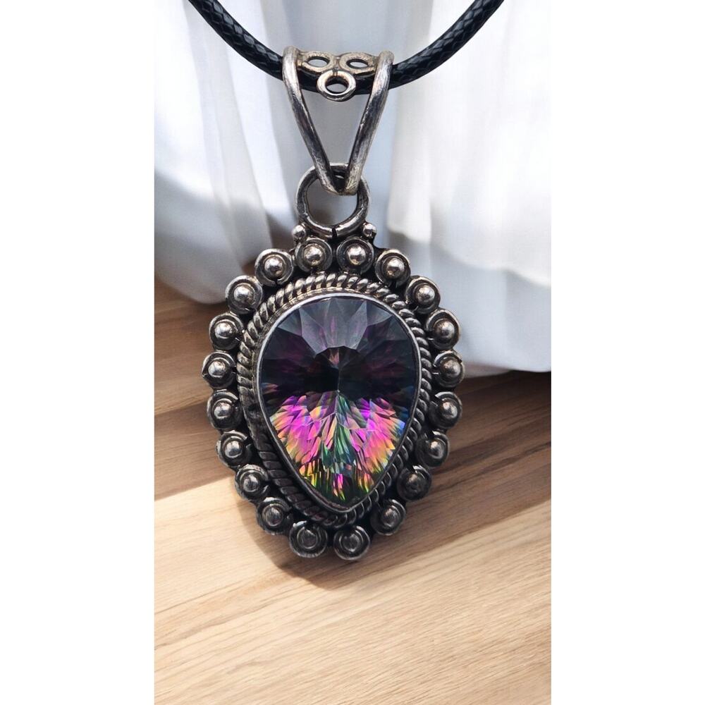 Mystic Topaz Teardrop Pendant Necklace Sterling Silver 925 - Classic Elegant